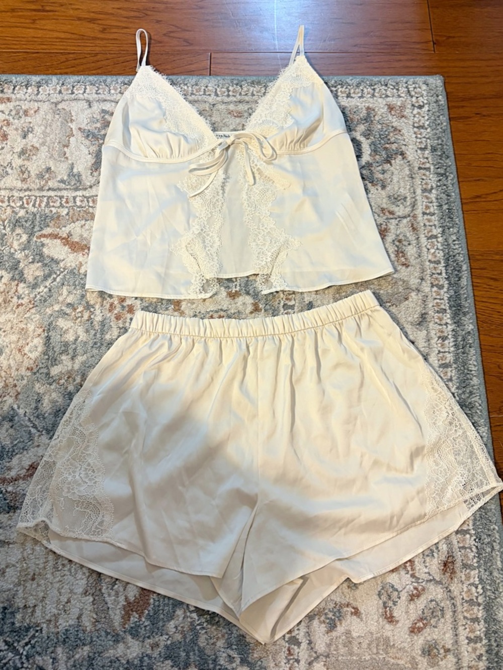 Abercrombie & Fitch Cream Lace Trim Satin Camisole & Shorts Pajama Set